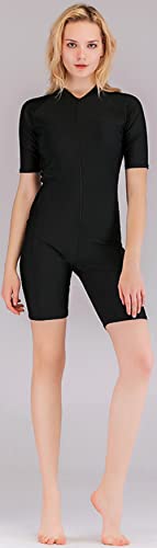 YEESAM One Piece Swimsuit for Women Girls Short Sleeved Zip Front Rash Guard Surfing Swimsuits Beachwear Modest Swimming Costumes Legsuit Swimwear (Black, Int'l - XL, x_l)