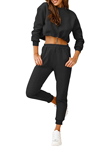 REORIA Womens Long Sleeve Tracksuits 2 Piece Outfits Set Activewear Gym Sets Loungewear with Pockets Black XL