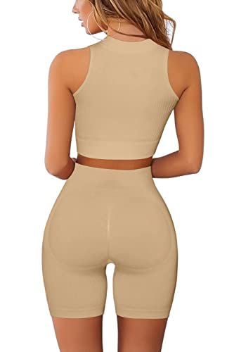 IDOPIP Two Piece Outfits for Women Workout Gym Sets Seamless Ribbed Zip Up Sleeveless Crop Top High Waist Biker Shorts Tracksuit Sportswear Activewear Khaki M