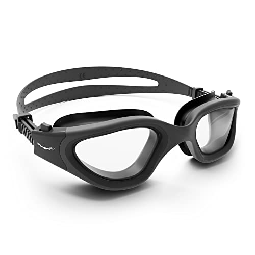 AqtivAqua Swimming Goggles Adult Swim Goggles Mens Women Ladies Childrens Kids Boys Girls Wide View DX (Clear-Lenses All Black-Frame)