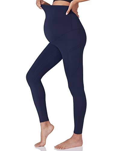 POSHDIVAH Women's Maternity Workout Leggings Over The Belly Pregnancy Yoga Pants with Pockets Soft Activewear Work Pants, 2pcs Black Navy, M