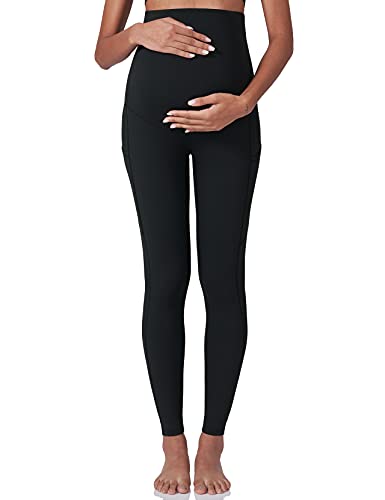 POSHDIVAH Women's Maternity Workout Leggings Over The Belly Pregnancy Yoga Pants with Pockets Soft Activewear Work Pants, 2pcs Black Navy, M