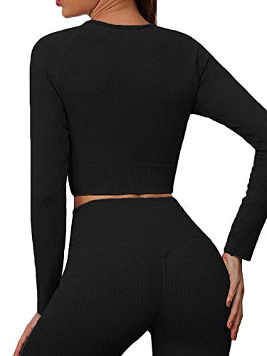 ZHENGHAO Buscando Womens Gym Sets 2 Piece Long Sleeve Workout Crop Top Tank Ribbed High Waist Seamless Leggings Tracksuits Activewear Yoga Outftis (L, Black)