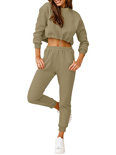 REORIA Womens Long Sleeve Tracksuits 2 Piece Outfits Set Activewear Gym Sets Loungewear with Pockets Green S