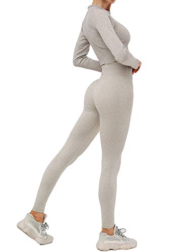 Buscando Womens Gym Sets 2 Piece Long Sleeve Workout Crop Top Tank Ribbed High Waist Seamless Leggings Tracksuits Activewear Yoga Outftis (L, Kahki)