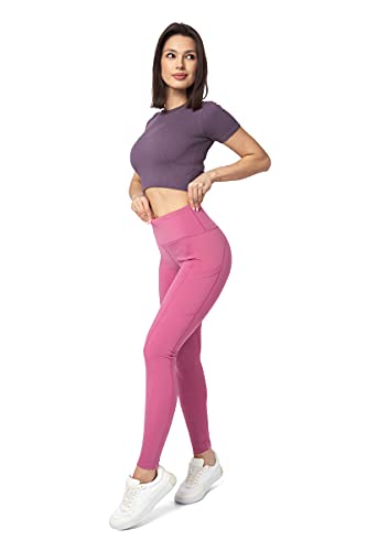 FUTURO FASHION Ladies Sport Leggings with Pockets I Slim Push-up Stretchy Workout Gym Leggings I Tummy Control High Waisted Yoga Gym Pants I Women Activewear Sport Leggings I Size 8-18 UK Pink