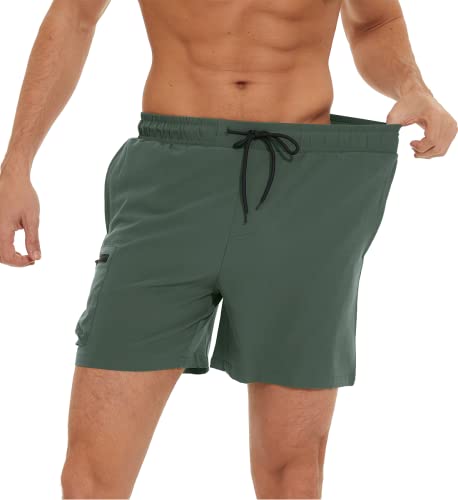 YuKaiChen Men's Swimming Trunks Quick Dry Beach Shorts Casual Running Gym Shorts with Zipper Pockets and Mesh Lining ArmyGreen 32