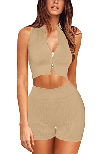 IDOPIP Two Piece Outfits for Women Workout Gym Sets Seamless Ribbed Zip Up Sleeveless Crop Top High Waist Biker Shorts Tracksuit Sportswear Activewear Khaki M