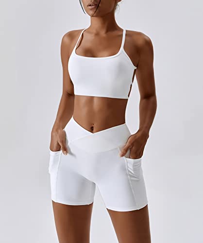 IDOPIP Gym Sets for Women 2 Piece Buttery Soft Cross Back Sport Bra Crosswrap High Waist Shorts with Pocket Yoga Workout Outftis Exercise Activewear Set White S