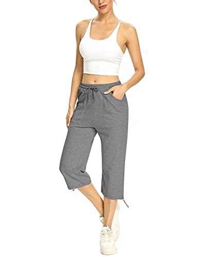 Totatuit Women's Cotton Capri Sweatpants Tracksuit Bottoms Drawstring Elastic Waist Trousers Activewear Crop Pants Gray S