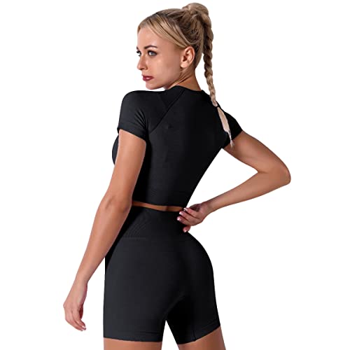 IDOPIP Gym Sets for Women 3 Piece Seamless Yoga Outfits Short Sleeve Crop Top High Waist Biker Shorts with Adjustable Strap Sports Bra Activewear Sets Black L