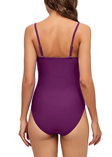 Derssity Women One Piece Swimsuit Ruched Tummy Control Swimming Costume Twist Push Up Swimwear Bandeau Bathing Suit(P,L)