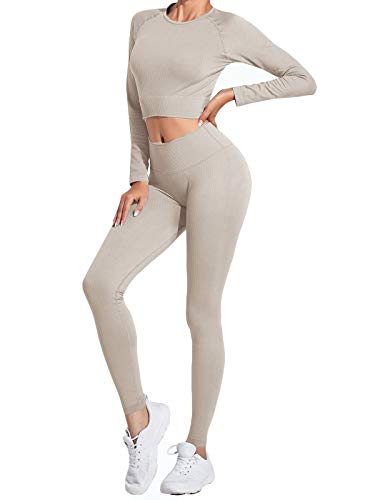 Buscando Womens Gym Sets 2 Piece Long Sleeve Workout Crop Top Tank Ribbed High Waist Seamless Leggings Tracksuits Activewear Yoga Outftis (L, Kahki)