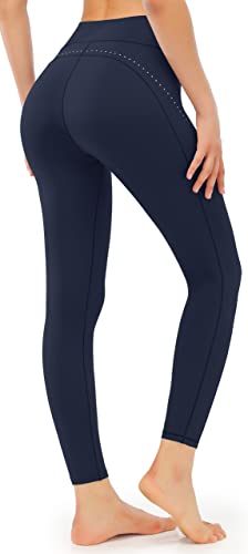 JOYSPELS Gym Leggings Womens High Waisted - Ladies Running Compression Activewear Sports Workout Yoga Leggings Pants for Women UK with Pockets Tummy Control - Navy Blue - M