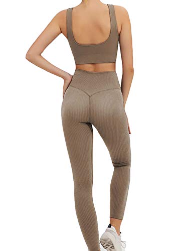 Buscando Ribbed Gym Sets for Women 2 Piece High Waist Seamless Yoga Leggings+Sports Bras Womens Workout Tracksuits Activewear Sets(Brown, Medium)