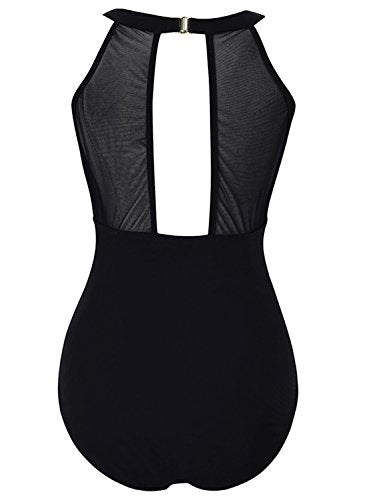 Sixyotie Swimming Costume for Women One Piece High Neck Mesh Ruched Swimsuit Beach Swimwear (Chenhua, (UK Size 12) L)