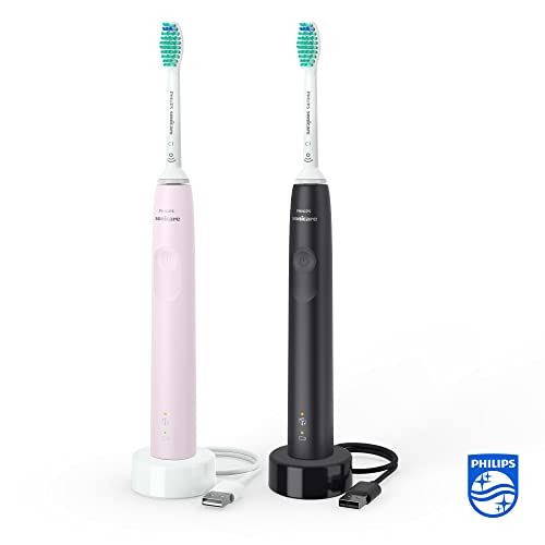 Philips Sonicare 3100-2 x Sonic Electric Toothbrush, in Black and Sugar Rose with 2 x C2 Optimal Plaque Defence Brush Heads (Model HX3675/15)