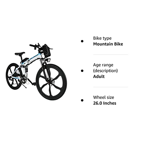 ANCHEER Electric Bike Electric Mountain Bike, 26 Inch Folding E-bike with Super Magnesium Alloy 6 Spokes Integrated Wheel, Premium Full Suspension and Shimano 21 Speed Gear (White)