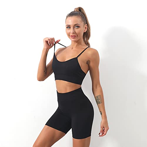 IDOPIP Gym Sets for Women 3 Piece Seamless Yoga Outfits Short Sleeve Crop Top High Waist Biker Shorts with Adjustable Strap Sports Bra Activewear Sets Black L