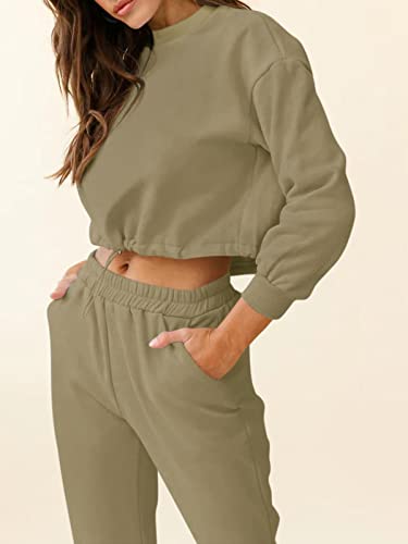 REORIA Womens Long Sleeve Tracksuits 2 Piece Outfits Set Activewear Gym Sets Loungewear with Pockets Green S