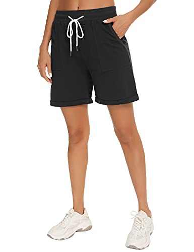 Enjyam Women's 100% Cotton Classic Bermuda Shorts Sport Shorts Moisture Wicking Activewear with Pockets Hiking Shorts Pyjama Bottoms-Black/M