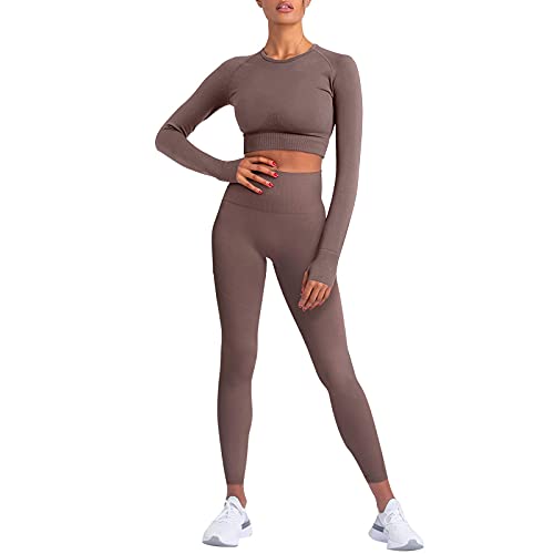 Jetjoy Gym Set for Women 2 piece Outfits Workout Set Gym Clothes for Womens Seamless Long Sleeve Tops and High Waist Leggings Activewear Sets