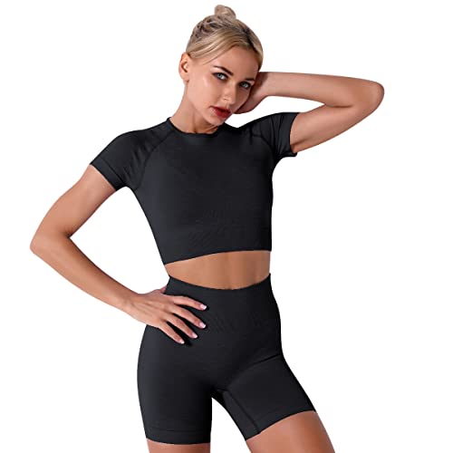 IDOPIP Gym Sets for Women 3 Piece Seamless Yoga Outfits Short Sleeve Crop Top High Waist Biker Shorts with Adjustable Strap Sports Bra Activewear Sets Black L