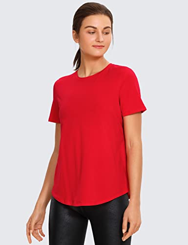 CRZ YOGA Women's Pima Cotton Short Sleeve Shirts Loose Fit Sports Workout Tops Athletic T-Shirt Casual Top Festival Red 16