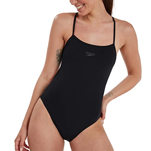 Speedo Women's ECO Endurance+ Thinstrap 1 Piece Swimsuit, Comfortable, Classic Design, Extra Flexibility, Black, 34