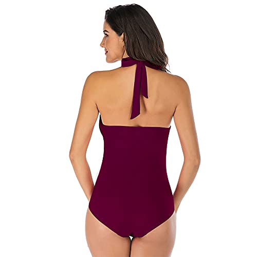 AIKSSOO Womens One Pieces Swimsuit Tummy Control Swimming Costume Ruched Hanging Neck Bandage Bathing Suit Claret