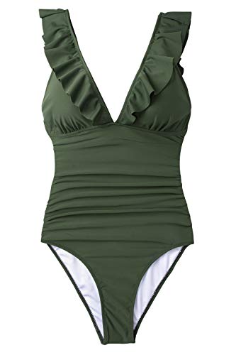 CUPSHE Women One Piece Swimsuit Ruffled Lace Up Beach Swimwear Tummy Control Swimming Costume Bathing Suit Green M