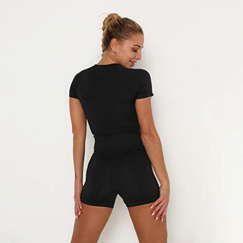 Famulily Women 2 Pieces Seamless Yoga Suits Tracksuit Shorts Sportswear Set Activewear Black S