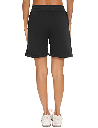 Enjyam Women's 100% Cotton Classic Bermuda Shorts Sport Shorts Moisture Wicking Activewear with Pockets Hiking Shorts Pyjama Bottoms-Black/M