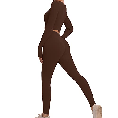 Gym Set Women Workout Set 2 Pieces Outfits Ribbed Long Sleeve Top High Waist Leggings Activewear Clothes Gym wear Sets