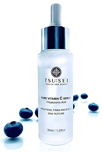 20% PURE VITAMIN C SERUM with Hyaluronic Acid by TSU:SEI. Anti Ageing and Anti Wrinkle Serum For Face. 100% Organic. Hydrates, Brightens, Evens Skin Texture. 30ml. ALL NATURAL. Cruelty Free Skin Care.