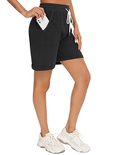 Enjyam Women's 100% Cotton Classic Bermuda Shorts Sport Shorts Moisture Wicking Activewear with Pockets Hiking Shorts Pyjama Bottoms-Black/M