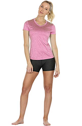 icyzone Women's Workout Running T-Shirt Yoga Fitness V-Neck Short-Sleeve Tops Sports Shirt, 3 Pack (XL, Charcoal/Red Bud/Pink)