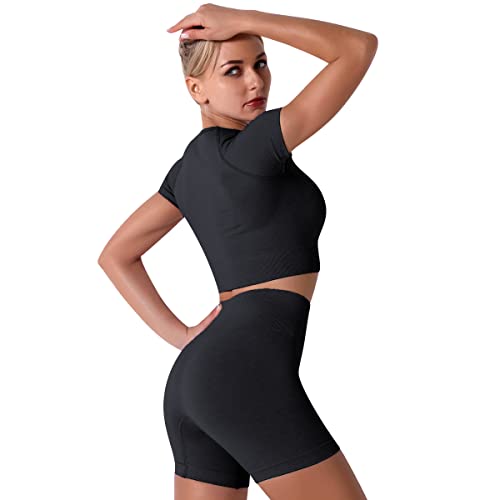 IDOPIP Gym Sets for Women 3 Piece Seamless Yoga Outfits Short Sleeve Crop Top High Waist Biker Shorts with Adjustable Strap Sports Bra Activewear Sets Black L