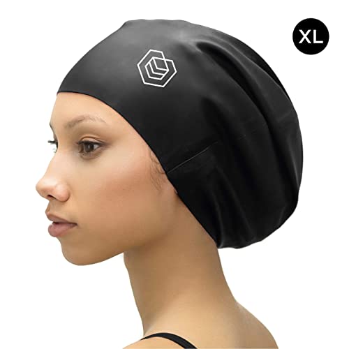 SOUL CAP – Large Swimming Cap for Long Hair - Designed for Long Hair, Dreadlocks, Weaves, Hair Extensions, Braids, Curls & Afros - Women & Men - Silicone (Large, Black)