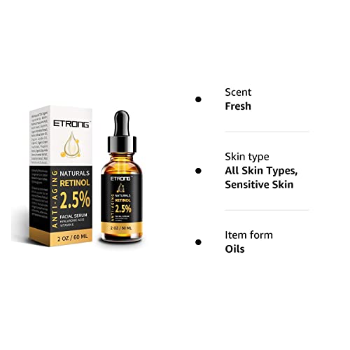 2oz Retinol Serum,ETRONG High Strength Anti-aging Serum with 2.5% Retinol,Hyaluronic Acid and Vitamin E for Face Acne (60ml)