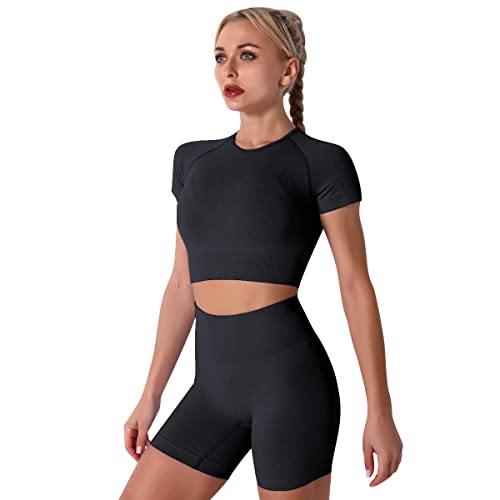 IDOPIP Gym Sets for Women 3 Piece Seamless Yoga Outfits Short Sleeve Crop Top High Waist Biker Shorts with Adjustable Strap Sports Bra Activewear Sets Black L