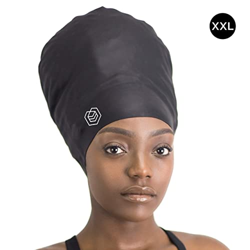 SOUL CAP – Large Swimming Cap for Long Hair - Designed for Long Hair, Dreadlocks, Weaves, Hair Extensions, Braids, Curls & Afros - Women & Men - Silicone (Large, Black)