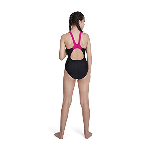 Speedo Girl's Boom Splice Muscle Back Swimsuit, Black/Electric Pink, 13-14 Years UK