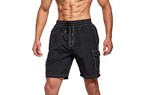 Tansozer Mens Swimming Shorts Quick Dry Swim Shorts Swimming Trunks Men Beach Shorts Waterproof Board Shorts with Pockets Surf Shorts Mesh Lining Black M