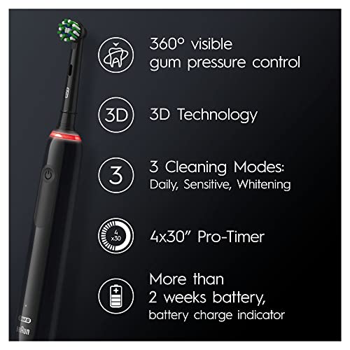 Oral-B Pro 3 Electric Toothbrush with Smart Pressure Sensor, 1 Cross Action Toothbrush Head, 3 Modes with Teeth Whitening, Gifts for Men/Women, 2 Pin UK Plug, 3000, Black