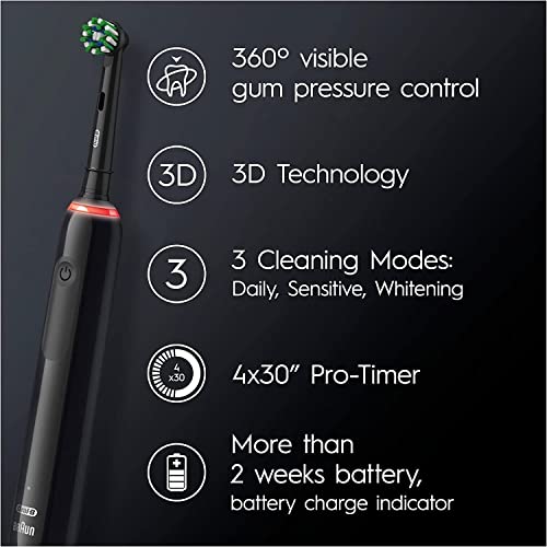 Oral-B Pro 3 Electric Toothbrush with Smart Pressure Sensor, 1 Cross Action Toothbrush Head & Travel Case, 3 Modes with Teeth Whitening, Gifts for Men/Women, 2 Pin UK Plug, 3500, Black