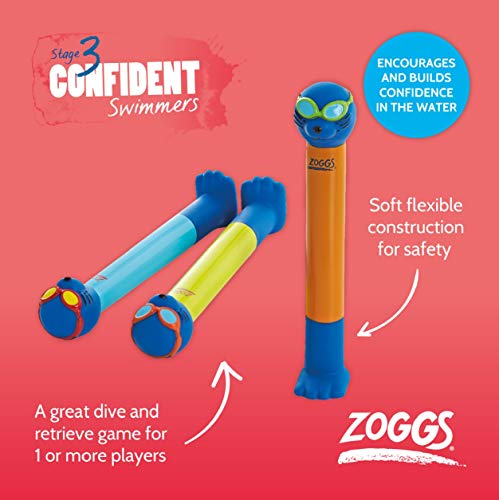 Zoggs Dive Sticks Pool Toys, Confidence Building Diving Sticks, Safe Swimming Pool Toys, Diving Sticks For Swimming Fun, Zoggs Swimming Toys For Kids, Blue/Lime/Orange (3 Pk)