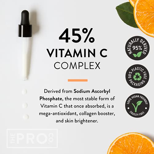 45% Vitamin C Serum for Face - Derived from Sodium Ascorbyl Phosphate - Anti Ageing, Dark Spot, Hyperpigmentation Treatment - Brightens, Hydrates Skin, Gently Exfoliates with AHA - Made by The Pro Co.