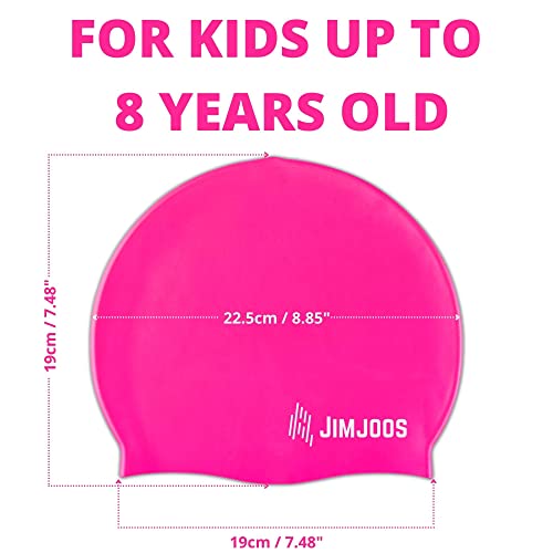 JIMJOOS Waterproof Kids Swimming Cap - 100% Silicone Durable and Odour Free Swim Hat - Stretchable, Anti slip Swim Cap - Swimming Hat for up to 8 Years With Protective Pouch (PINK)