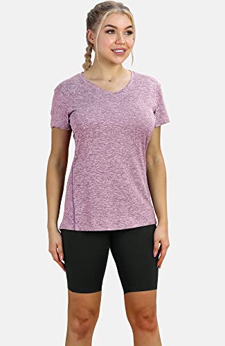 icyzone Women's Workout Running T-Shirt Yoga Fitness V-Neck Short-Sleeve Tops Sports Shirt, 3 Pack (XL, Charcoal/Lavender/Peach)